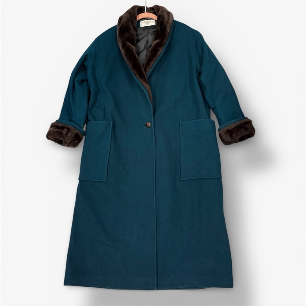 Vintage International Scene Teal Cocoon Wool Coat with Brown Fur Collar